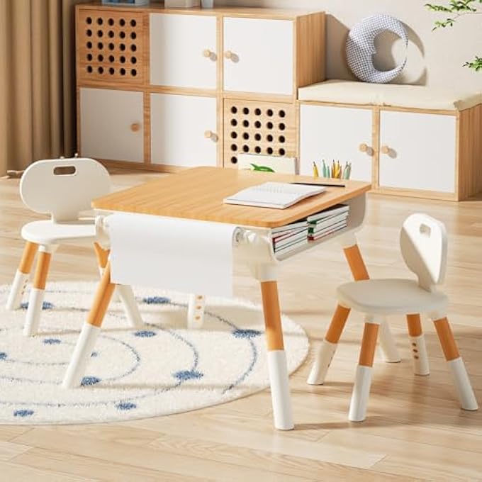 rayihni KIDS STUDY TABLE, AND 2 CHAIRS SET, 79 * 62 * 55CM, HEIGHT ADJUSTABLE TABLE AND CHAIRS, PLAY AND ACTIVITY DESK WITH PAPER ROLL, STORAGE BASKET AND DRAWERS, SUITABLE FOR DAYCARE, CLASSROOMS, HOME - Image 1